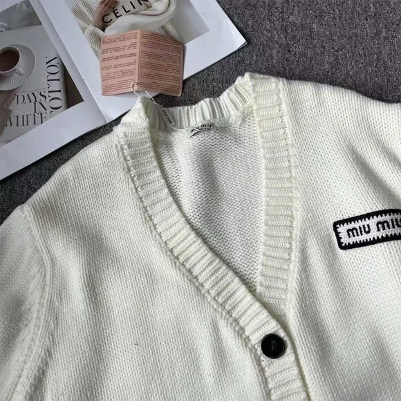 Miu Miu Off-White V-Neck Knit Cardigan, Loose Fit, Versatile, Preppy Style
